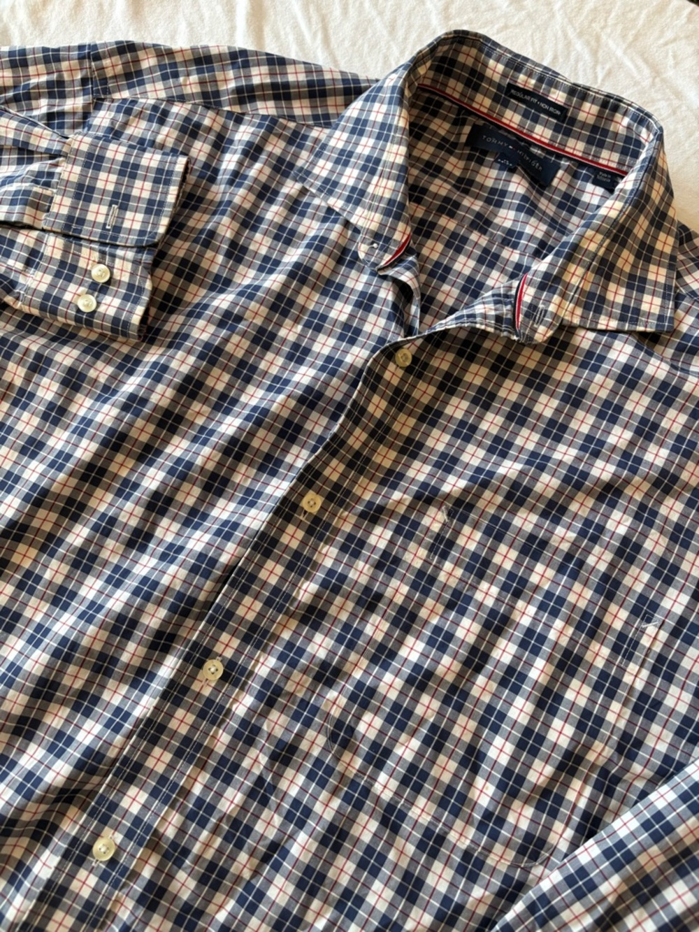 Tommy Hilfiger Mens Plaid Button Down Collar Dress Shirt Long Sleeve 17 34/35